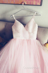 Light Pink Spaghetti Straps Tulle Long Evening Prom Formal Dresses, Puffy Party Dresses