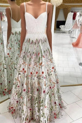 White Straps Floor Length Long Evening Prom Dresses with Lace Flowers Formal Dresses