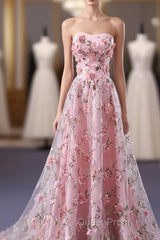 Pink Tulle 3D Flowers Long Evening Prom Dresses, Pink Evening Dresses
