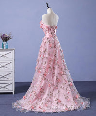 Pink Tulle 3D Flowers Long Evening Prom Dresses, Pink Evening Dresses