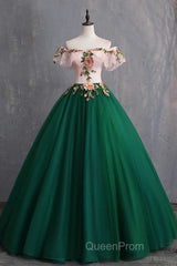 Green Off the Shoulder Floor Length Evening Prom Dresses with Appliques, Puffy Quinceanera Dresses