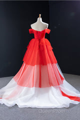 Red and White off the Shoulder Tired Evening Prom Dresses, Puffy Formal Party Dresses