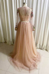 A Line Tulle Long Evening Prom Dresses with Flowers, Pink Long Sleeves Party Dresses with Beading