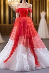 Red and White off the Shoulder Tired Evening Prom Dresses, Puffy Formal Party Dresses