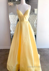 Yellow Satin Long Prom Dresses, A-Line Backless Evening Dresses