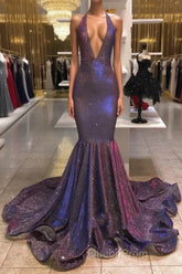 Chic Deep V-Neck Sleeveless Evening Prom Dresses New Arrival Halter Memaiad Sequins Evening Gowns