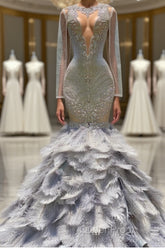 Fabulous Long Mermaid V-neck Sequined Beading Feather Tulle Evening Prom Dresses with Sleeves
