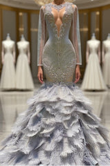 Fabulous Long Mermaid V-neck Sequined Beading Feather Tulle Evening Prom Dresses with Sleeves