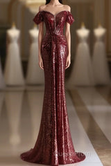 Simple Off Shoulder Sequin Burgundy Long Evening Prom Dresses, Burgundy Long Evening Dresses
