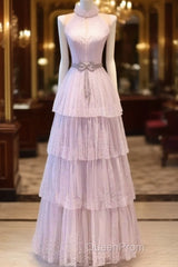 Fairy A Line High Neckline Pink Long Tulle Evening Prom Dresses 22Th Birthday Outfit