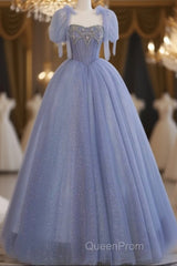 Fairy A Line Straps Tulle Long Blue Evening Prom Dresses