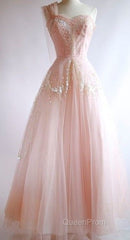 Fairy Ball Gown One Shoulder Pink Lace Evening Prom Dresses Ankel Length Evening Dresses