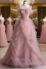 Fairy Ball Gown Straps Pink Tulle Evening Prom Dresses For Teens