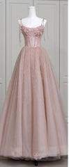 Fairy Ball Gown Straps Pink Tulle Evening Prom Dresses Long Evening Dresses
