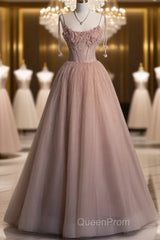 Fairy Ball Gown Straps Pink Tulle Evening Prom Dresses Long Evening Dresses