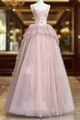 Fairy Ball Gown Straps Pink Tulle Evening Prom Dresses Long Party Dresses
