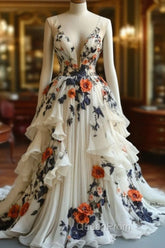 Fairytale A-Line Evening Prom Dresses For Wedding Chiffon 3D Applique Evening Dresses