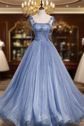 Fairytale Blue Flowers Long Tulle Ballgown Evening Prom Dresses