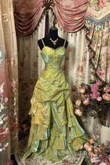 Fairytale Sage A-Line Mask Evening Prom Dresses Beaded Satin Evening Gown For Birthady&Graduation