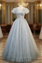 Fancy Gray Tulle Sequins Short Sleeve Beading Evening Prom Dresses