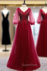Fancy Tulle V-neck Half Sleeve Beading Evening Prom Dresses