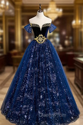 Fantasy Blue Ballgown Tulle Evening Prom Dresses with Bling