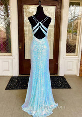 Fantasy Evening Prom Dresses, Sheath/Column V Neck Spaghetti Straps Sweep Train Sequined Evening Prom Dresses With Split