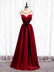 Fashion Burgundy Satin Beading Prom Dress With Black Sash