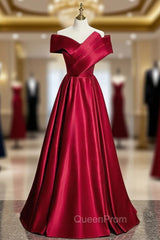Fashion Burgundy Satin Off the Shoulder Pleats Evening Prom Dresses