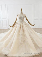 Fashion Dark Champagne Tulle Sequins Beading Wedding Dress With Train