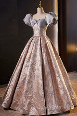 Fashion Floor-Length Printing Evening Prom Dresses, A-Line Short Sleeve Backless Evening Formal Dresses