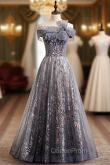 Fashion Gray Tulle Off the Shoulder Beading Evening Prom Dresses