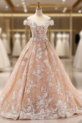 Fashion Pink Off The Shoulder Appliques Tulle Wedding Dresses