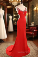 Fashion V Neck Mermaid Satin Lace Beaded Red Long Evening Dresses