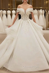 Fashion White Ball Gown Tulle Off the Shoulder Wedding Dresses With Beading