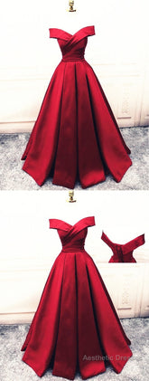 Fashionable Dark Red Satin Simple Off Shoulder Prom Dress, Red Party Dress Evening Dress