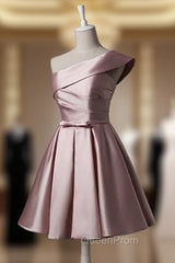 Fashionable Pink Knee Length Satin Short Evening Prom Dresses, One Shoulder Bridesmaid Dresses
