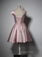 Fashionable Pink Knee Length Satin Short Evening Prom Dresses, One Shoulder Bridesmaid Dresses