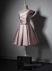 Fashionable Pink Knee Length Satin Short Evening Prom Dresses, One Shoulder Bridesmaid Dresses
