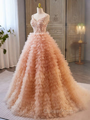 Unique V Neck Tulle Sequin Orange Pink Long Evening Prom Dresses, Orange Pink Sweet 16 Dresses