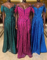 Feathered Cold Shoulder Sequin Long Evening Prom Dresses with Appliques