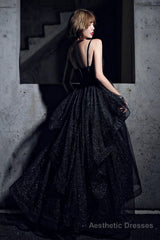 Black Simple v neck tulle long prom dress A line evening dress