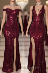 Long Mermaid Burgundy Sequin Evening Prom Dresses Glitter Split Evening Gown