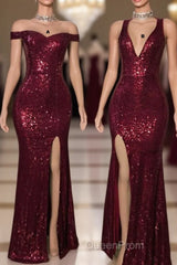 Long Mermaid Burgundy Sequin Evening Prom Dresses Glitter Split Evening Gown
