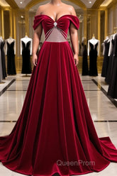Burgundy Velvet Long Evening Prom Dresses, Off the Shoulder Evening Party Dresses