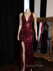 Long Mermaid Burgundy Sequin Evening Prom Dresses Glitter Split Evening Gown