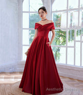 Burgundy satin long prom dress A line evening dress