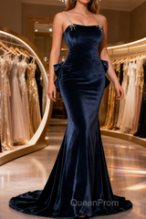 Evening Prom Dresses,spaghetti Strap Evening Prom Dresses, Blue Evening Dresses Velvet Party Dresses