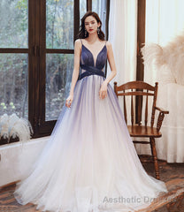 Stylish v neck tulle long A line prom dress blue evening dress