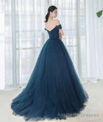 Elegant Tulle Long A-Line Prom Dress, Blue Off the Shoulder Evening Party Dress